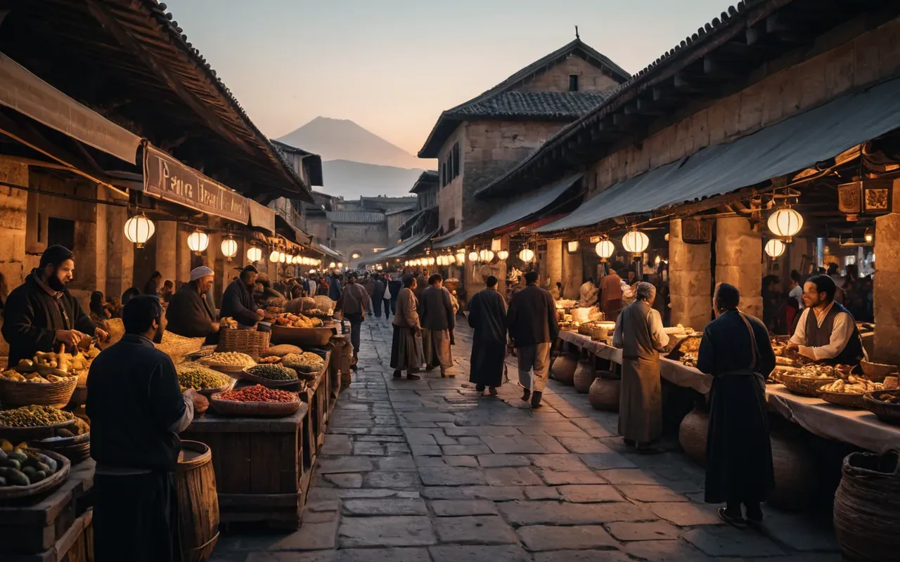 ancient trade networks A photorealistic wide shot of a bustling ancient marketplace at dusk with stone columns and warm lantern light illuminating merchants exchanging goods in the background without any visible text or signage.