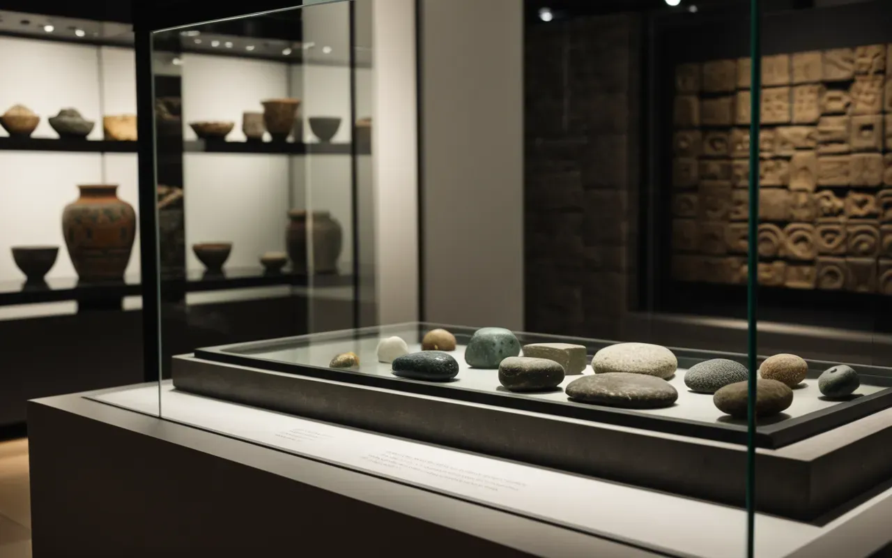 A realistic view of a modern museum display case containing ancient stone artifacts, with a visitor in the background observing the items through the glass, illuminated by focused spotlights that create a solemn and educational atmosphere.