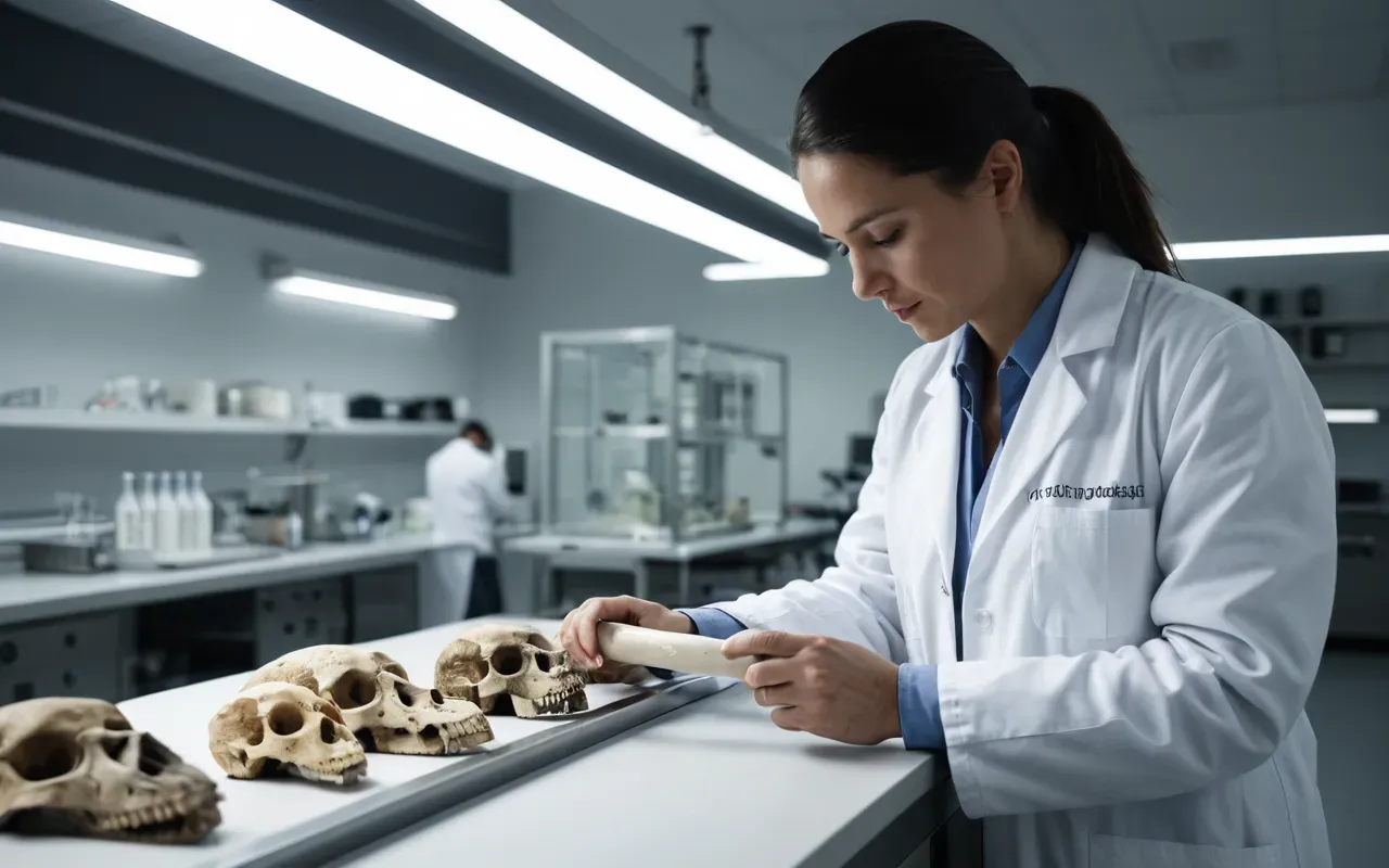 archaeological context A researcher in a white lab coat carefully examining a fossilized bone under bright laboratory lighting. The background is clean and modern.