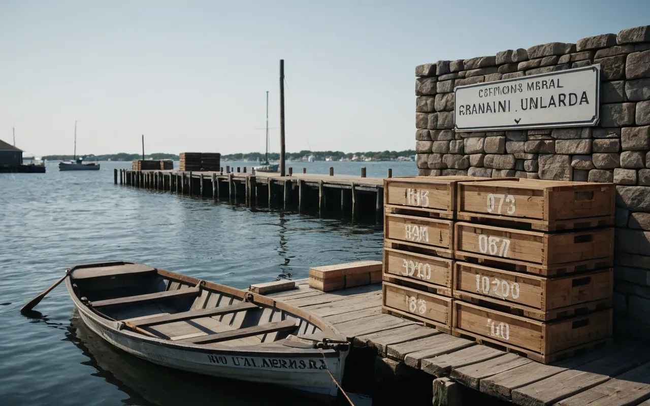 A stone harbor wall stands at the edge of a wide body of water. Wooden crates are stacked near a small dock where a single rowboat is moored. The lighting suggests late afternoon with long shadows stretching across flat, sandy ground.