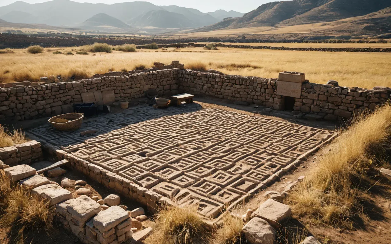 excavation site A sunlit archaeological excavation site with exposed stone foundations and scattered tools, surrounded by dry grass and distant hills, captured in warm afternoon light with a clear blue sky overhead.