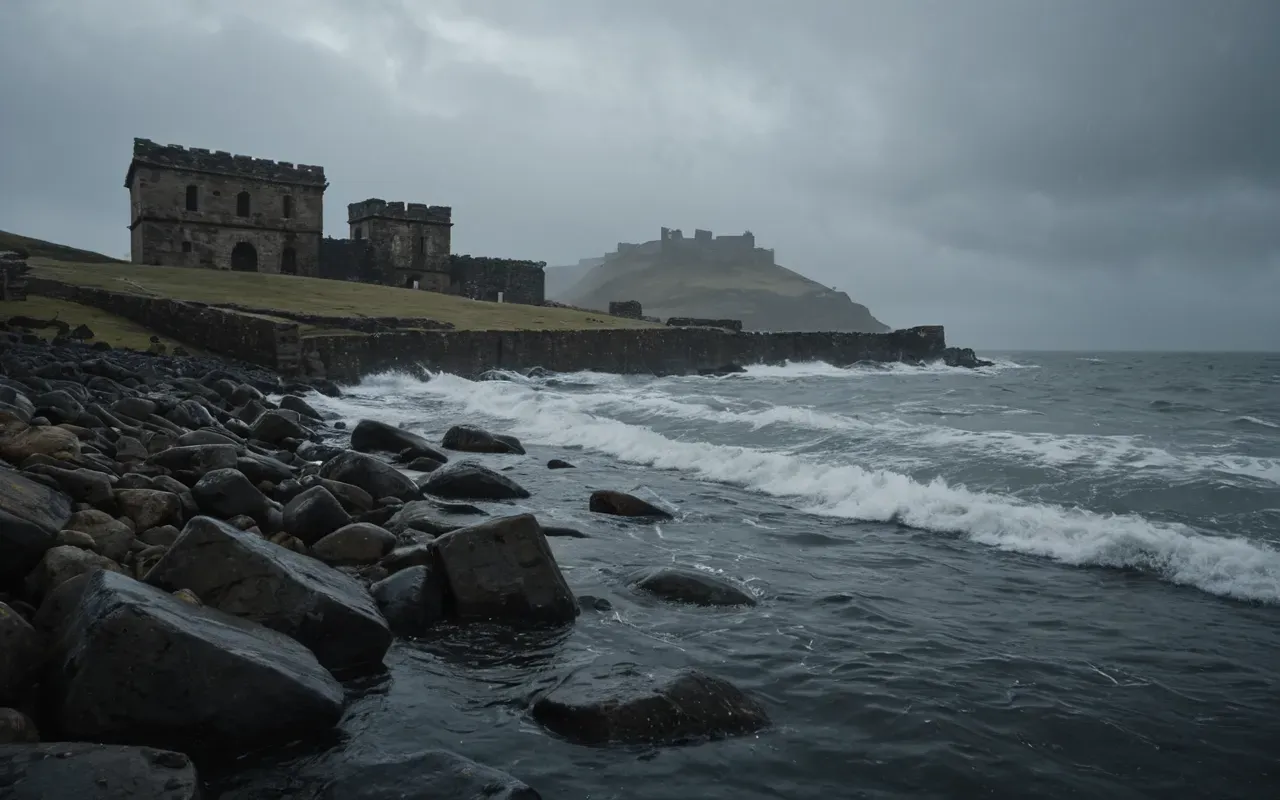 ancient coastal flooding A vast, misty coastline with ancient stone structures partially submerged in rising water. The sky is dark and stormy, creating a dramatic atmosphere of impending disaster.