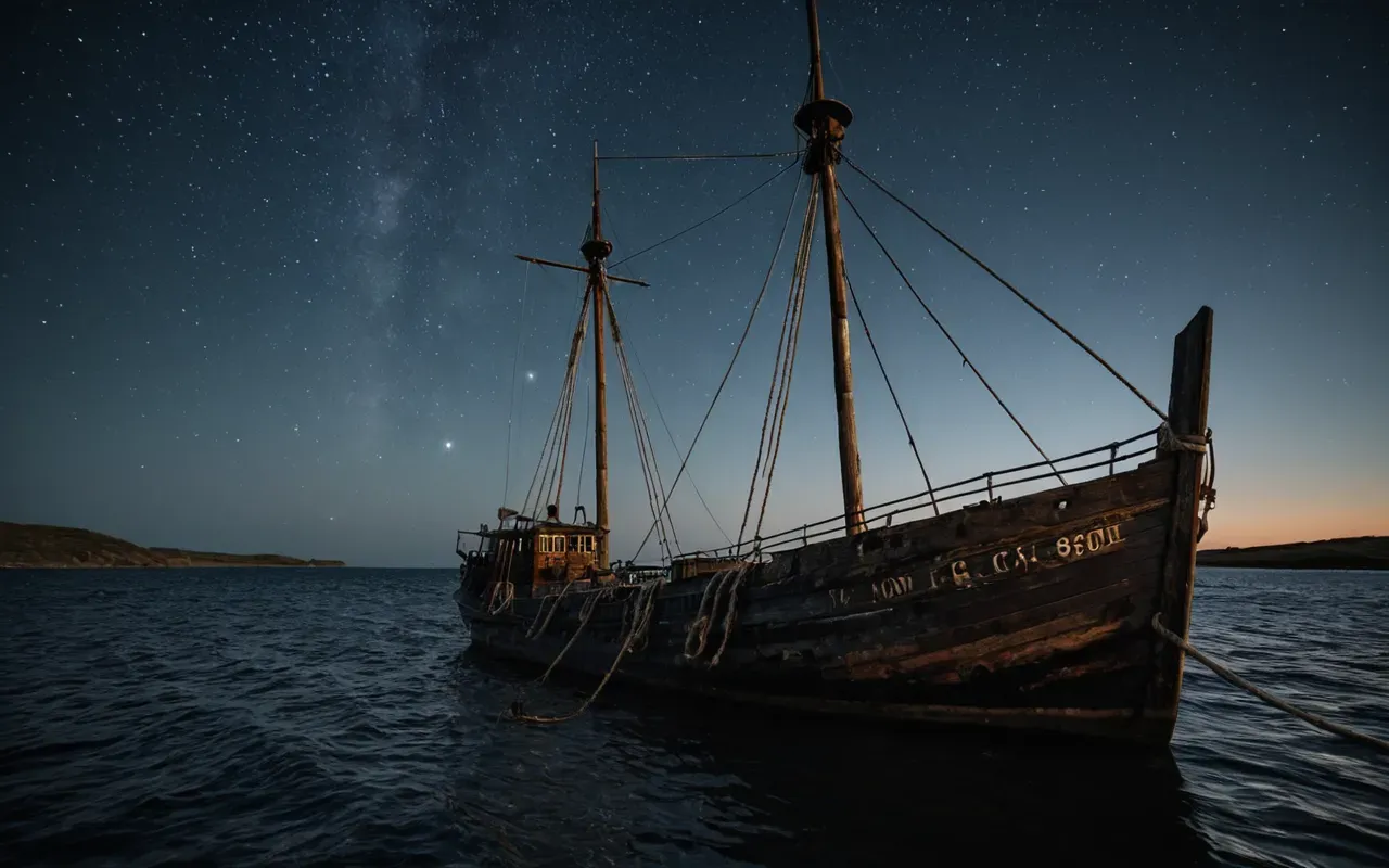 A weathered wooden ship drifts on calm dark water under a star-filled sky. The hull is rough-hewn and aged, with visible rope coils tied to the mast base. No people are present. The lighting is soft moonlight reflecting off gentle ripples.