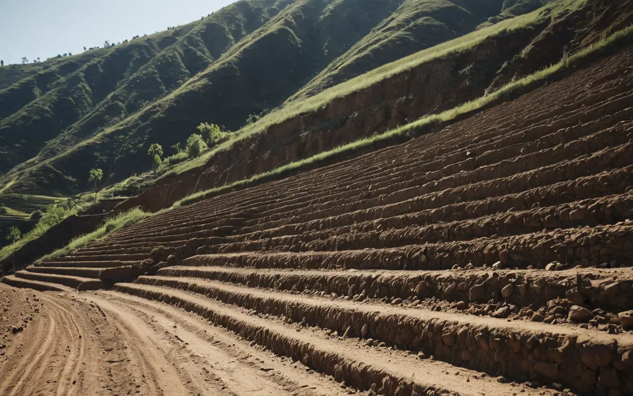 natural hillside erosion landscape A wide-angle photo-realistic view of a steep earthen hillside with visible signs of soil erosion and small landslides under bright daylight showing the natural movement of earth without any human structures or text.