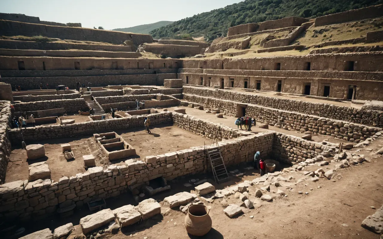 A wide-angle shot of an archaeological excavation site with deep trenches and exposed stone structures, where archaeologists in modern clothing are carefully brushing dirt off ancient surfaces under bright daylight.