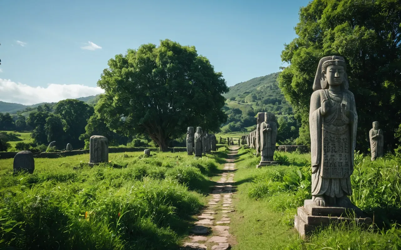 Easter Island landscape A wide-angle view of a lush green landscape with large standing stone statues in the distance under a bright blue sky. The foreground shows healthy vegetation and soil patterns without any modern structures or text.
