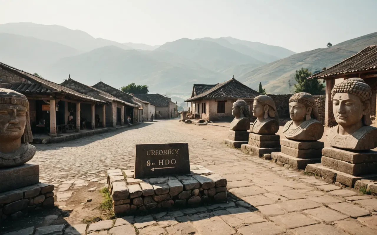 ancient warrior statues village A wide-angle view of a small village square featuring stone busts of ancient warriors. The background shows a hazy plain and distant hills under soft morning light.