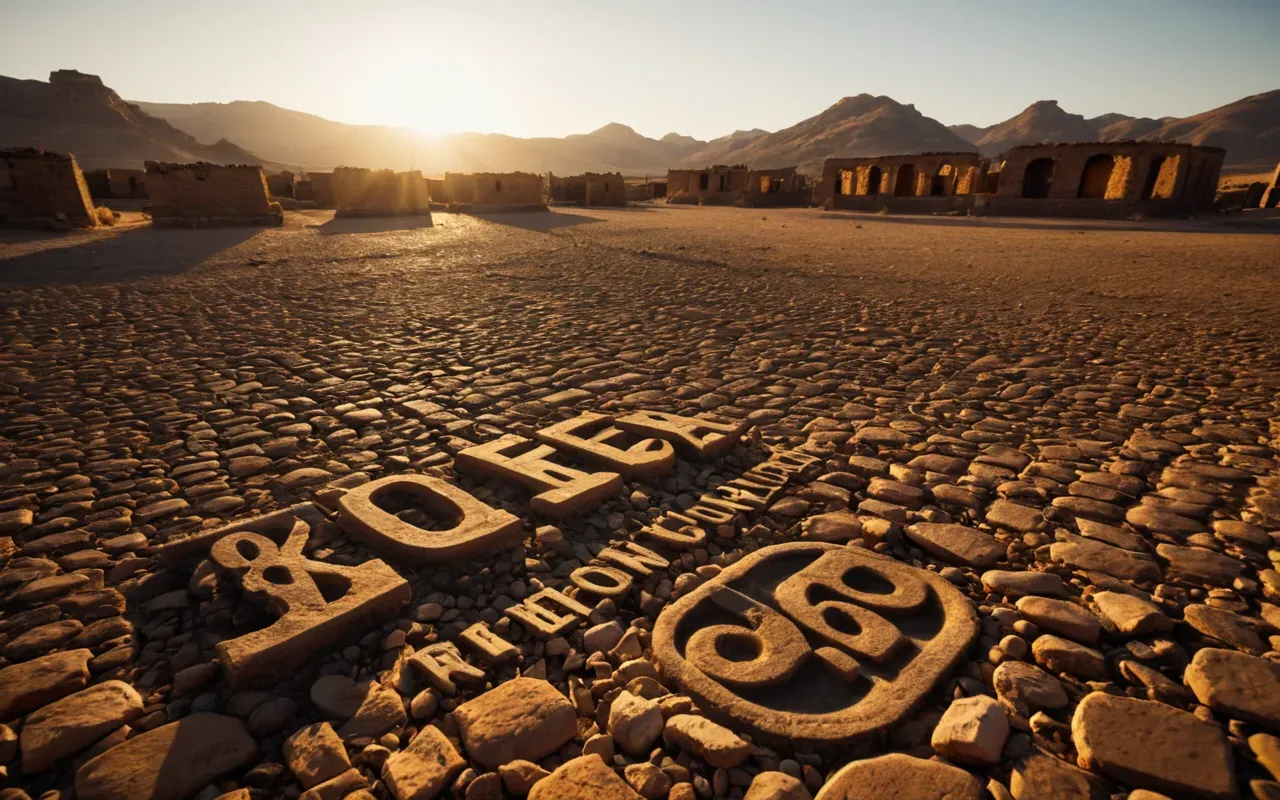 A wide-angle view of a vast arid landscape with scattered ancient stone ruins in the mid-ground, bathed in warm golden hour light, showing deep shadows and textured sand dunes in the foreground.