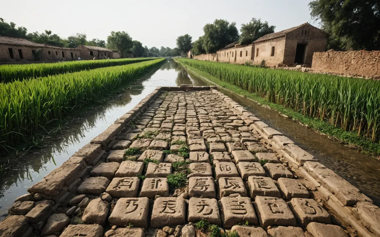 ancient irrigation canal landscape A wide-angle view of an ancient riverbed with dry cracked earth on one side and lush green crops on the other separated by a simple wooden canal structure in golden hour light showing contrast between drought and abundance without any human figures or text overlays.