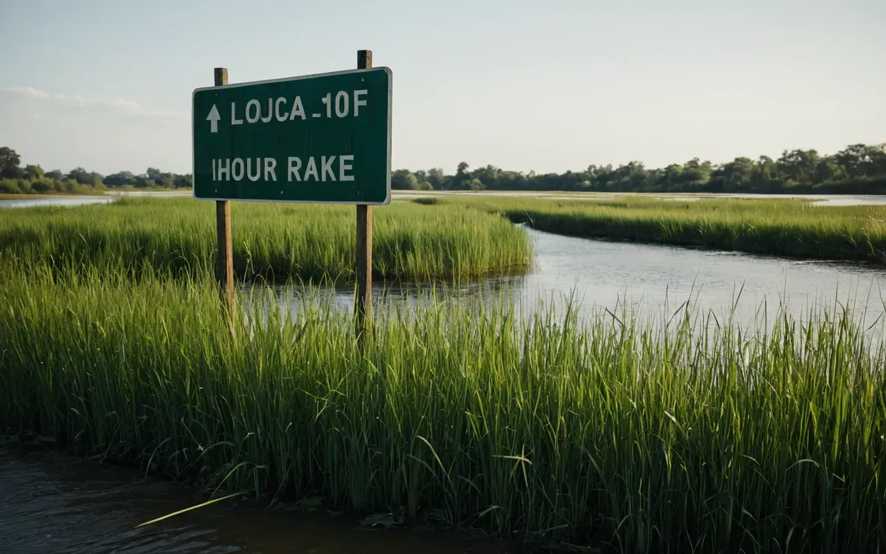 A wide landscape view of a lush green wetland area. Tall grasses and reeds line the banks of a slow-moving river. The light is soft and golden, suggesting early morning or late afternoon with no human presence visible.