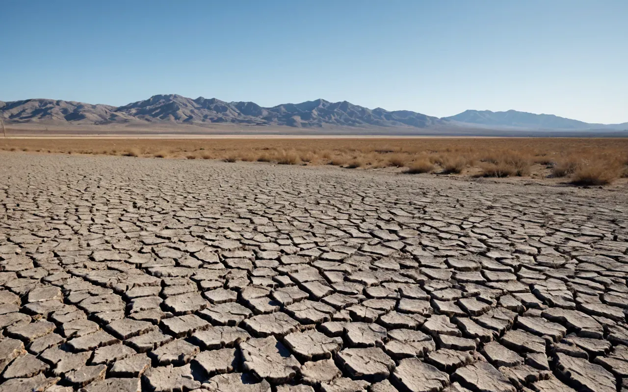 A wide landscape view showing a dry cracked lakebed transitioning into sparse grassland under a clear blue sky with distant low hills and no vegetation or animals visible in the immediate foreground