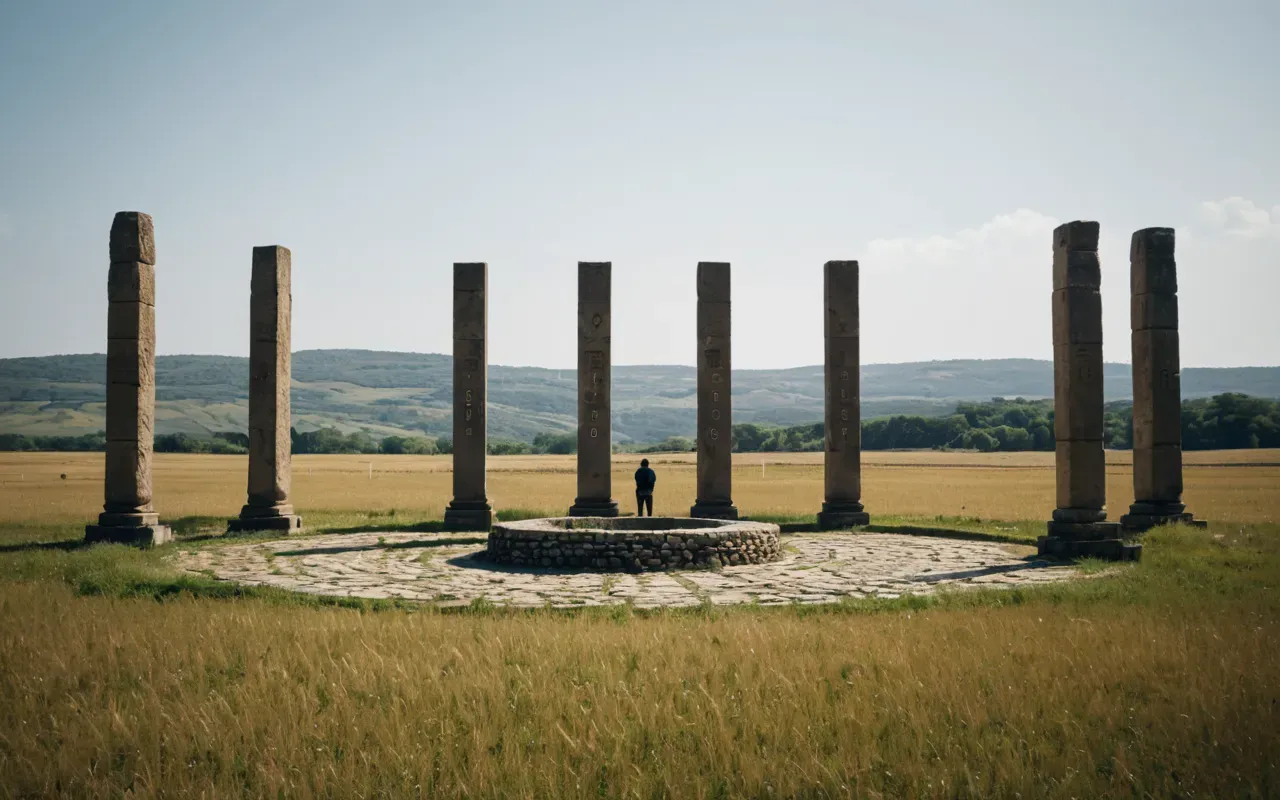 A wide shot of a circular arrangement of large T shaped stone pillars in an open field, with a person standing in the center for scale, looking up at the sky, emphasizing the size of the stones and the open space between them under a bright blue daytime sky.