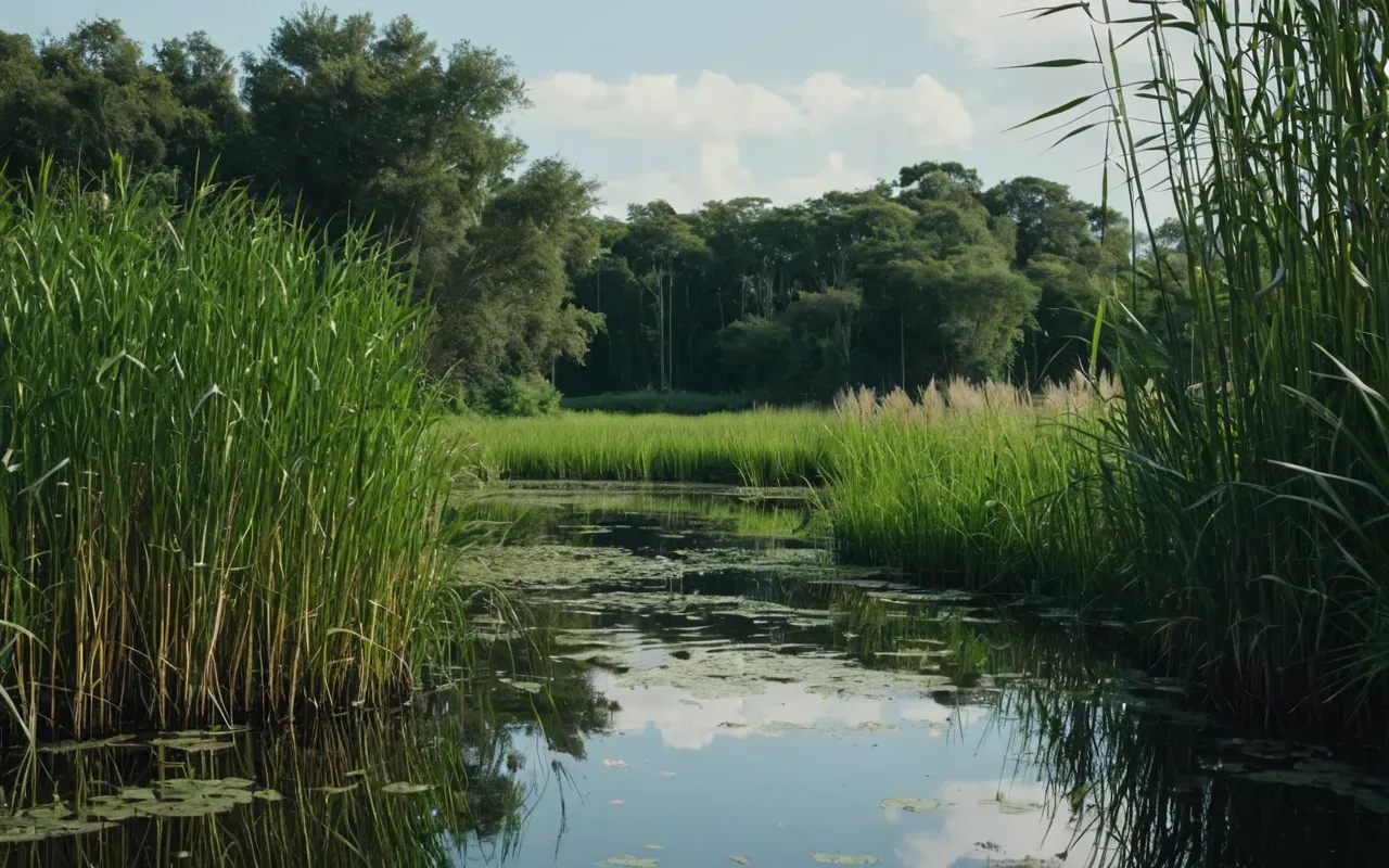 Pleistocene wetlands A wide shot of a lush green wetland with tall reeds and calm water reflecting the sky. The scene is peaceful and natural, showing rich vegetation.