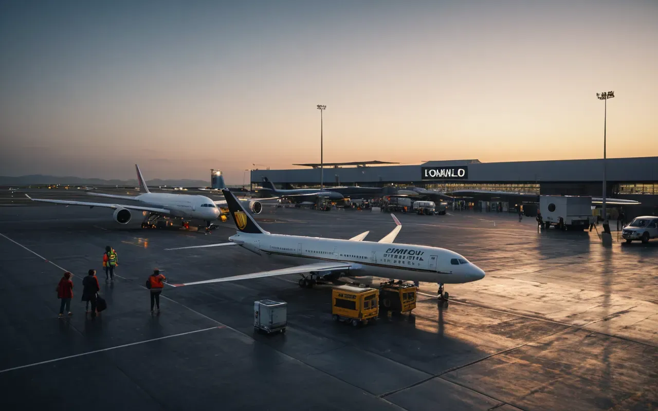 A wide shot of a modern airport tarmac at dusk. In the foreground, children stand near a sleek unmanned aerial vehicle. In the background, large ancient stone pillars rise from the grass under artificial lighting.