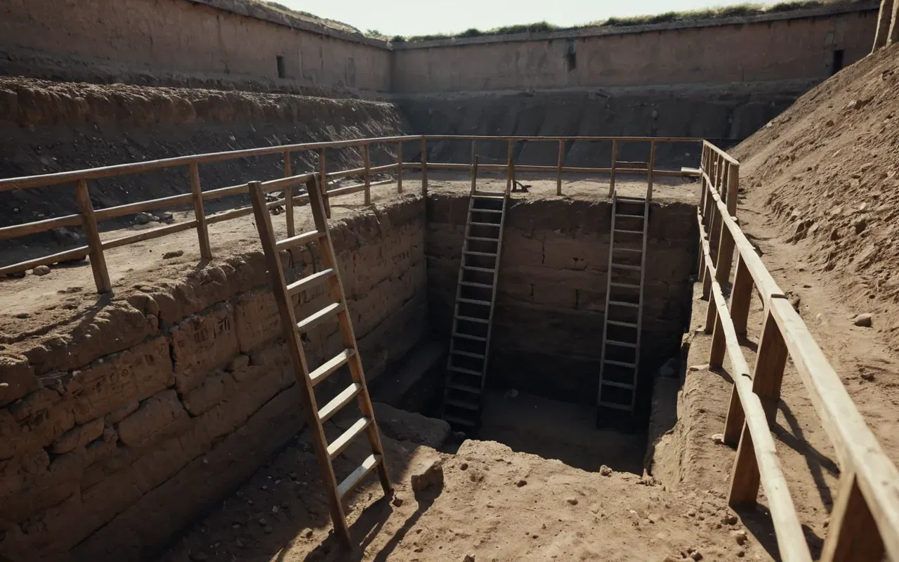 archaeological excavation A wide shot of a modern archaeological excavation site with deep trenches in the earth, wooden supports visible in the walls of the pit, a ladder leading down into the darkness, bright daylight casting sharp shadows