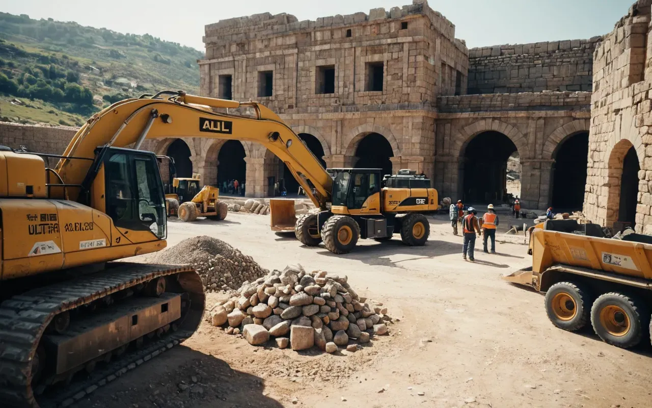 ancient site construction A wide shot of a modern construction site near ancient stone structures with heavy machinery and workers in the background under bright sunlight.