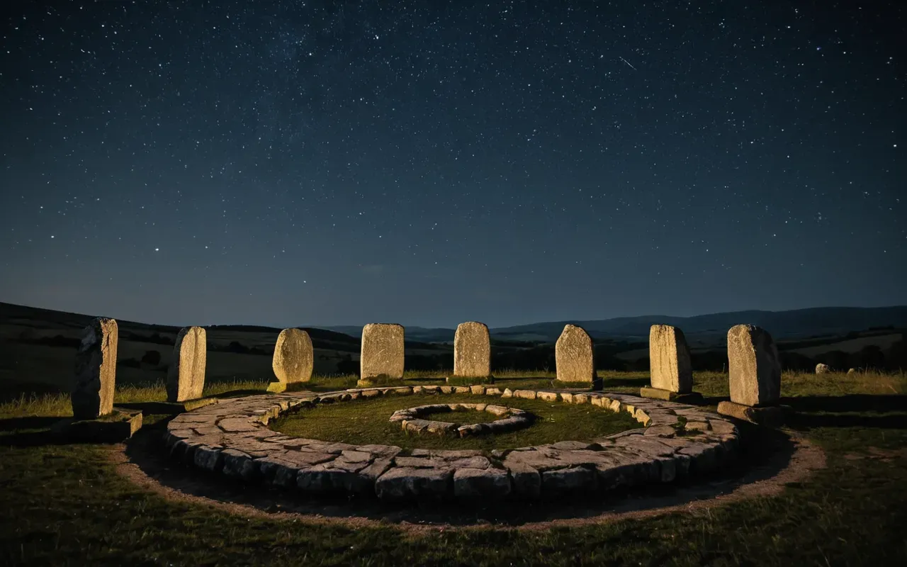 Göbeklitepe structures A wide shot of an ancient stone circle under a starry night sky. The stones are large and weathered, suggesting great age and historical significance.