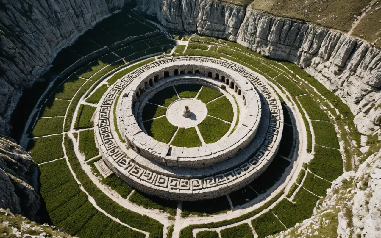 Aerial view of a dry limestone ridge with circular stone structures scattered across the terrain under bright daylight