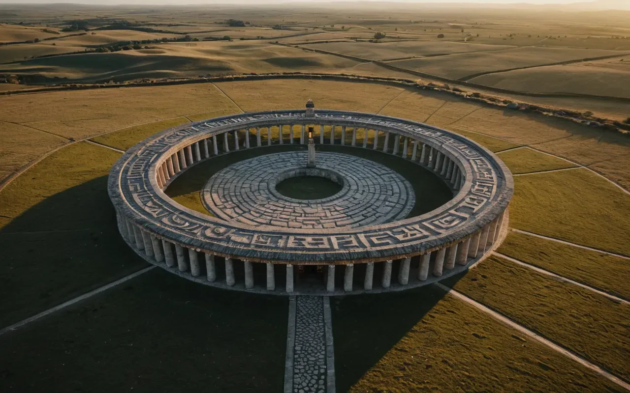 stone circle aerial view Aerial view of a massive stone circular structure in an open landscape at dusk with long shadows cast by tall pillars, photo-realistic style