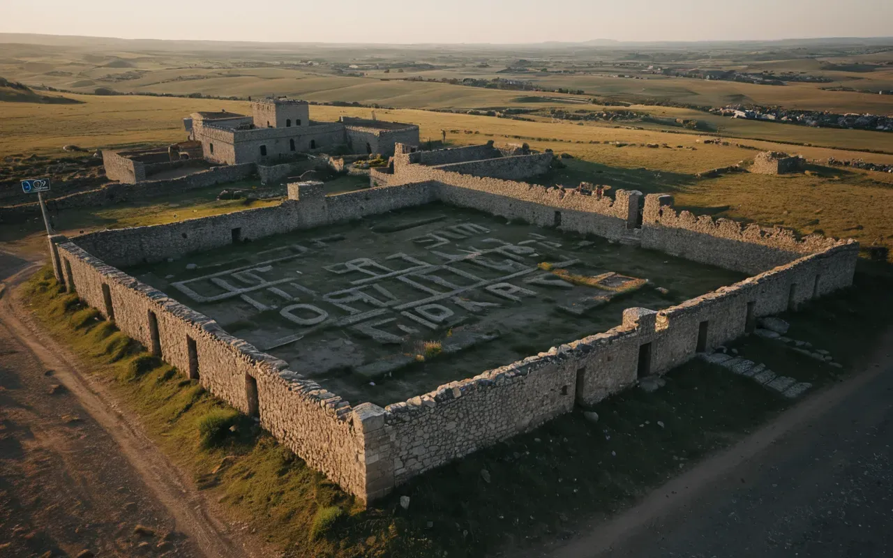 aerial view stone structure network Aerial view of a modern landscape with scattered stone structures visible from above under soft evening light, clean composition style