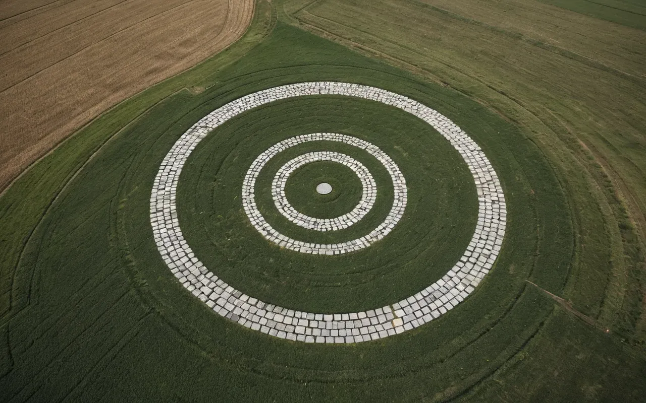 agricultural revolution myth Aerial view of a modern open field with scattered geometric stone markers forming an incomplete circle pattern under overcast skies, muted earth tones and soft natural lighting