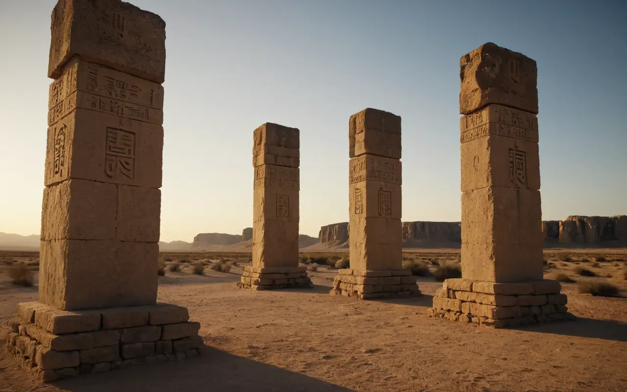 Cinematic wide shot of massive T-shaped limestone pillars rising from a dusty plateau at sunset with dramatic shadows and a clear sky