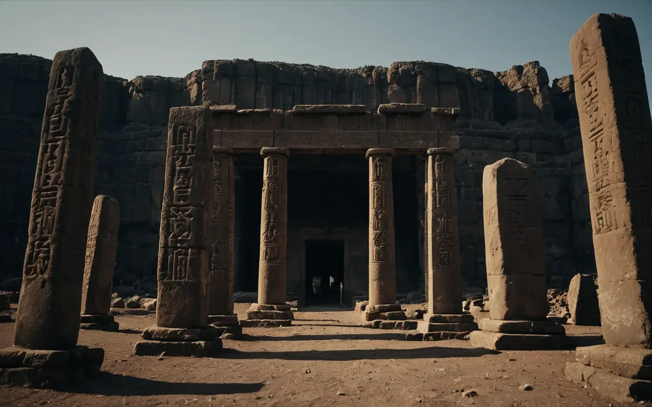 Cinematic wide shot of massive T-shaped stone pillars emerging from dark earth, dramatic low-key lighting, dust particles floating in air, ancient stone texture, no people, no text