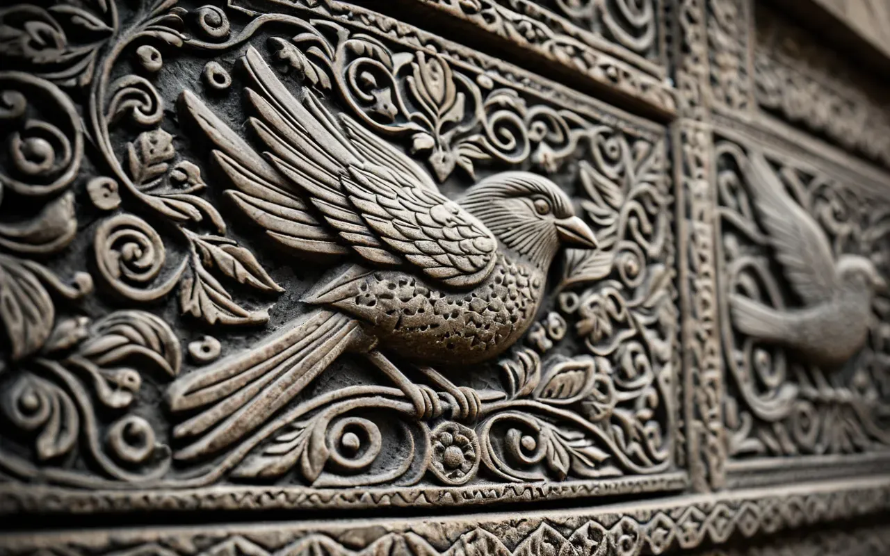 Close-up editorial photograph of a carved stone surface showing abstract bird and animal motifs in relief, soft diffused lighting highlighting texture details, neutral gray tones