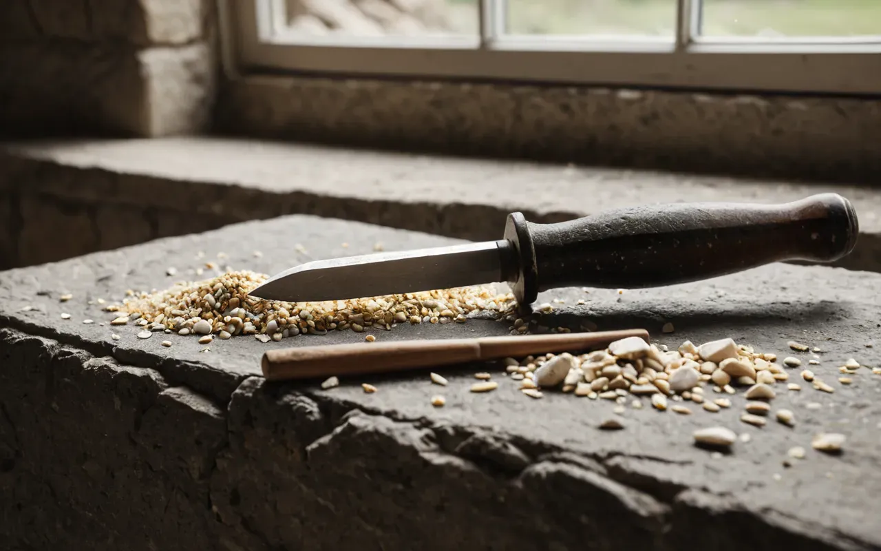 Close-up editorial still life of a stone chisel resting on a rough limestone block with scattered flint flakes in soft window light and neutral earth tones