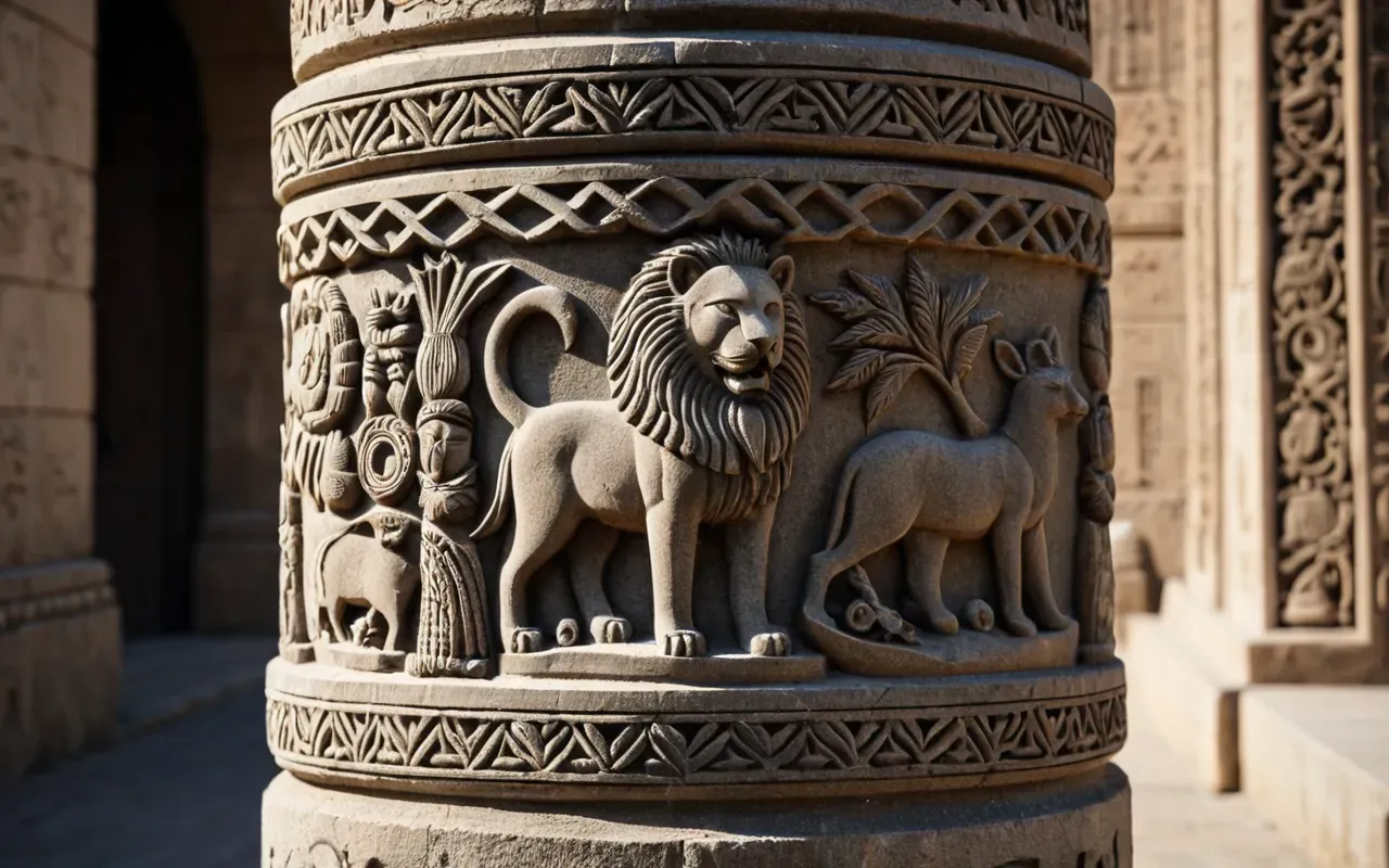 Close up of a carved stone pillar showing detailed animal reliefs in natural daylight with sharp shadows