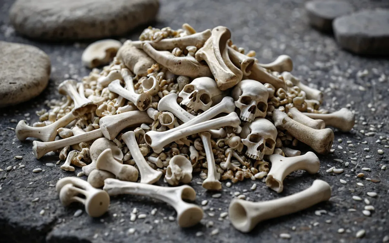 bones Close-up of a pile of mixed animal and human bones on a stone surface, soft diffused light, editorial photography, neutral tones, no people, no text