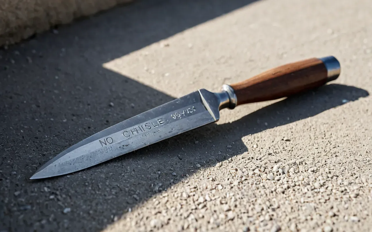 Close-up of a single flint chisel on a concrete surface with soft shadows and natural daylight in neutral editorial style