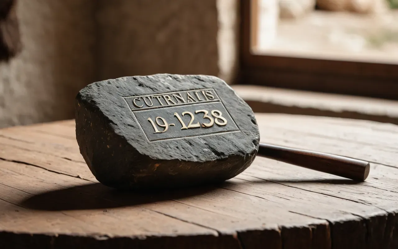Close-up of a stone tool on a wooden table with soft natural light, archaeological artifact display, neutral background, high detail texture