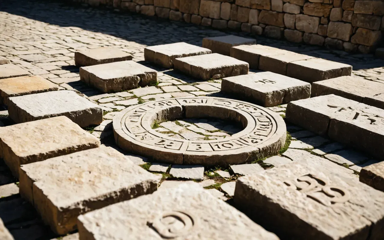 Close-up of ancient rough-hewn limestone blocks arranged in a circle with soft natural sunlight casting long shadows across the texture of the stone surface