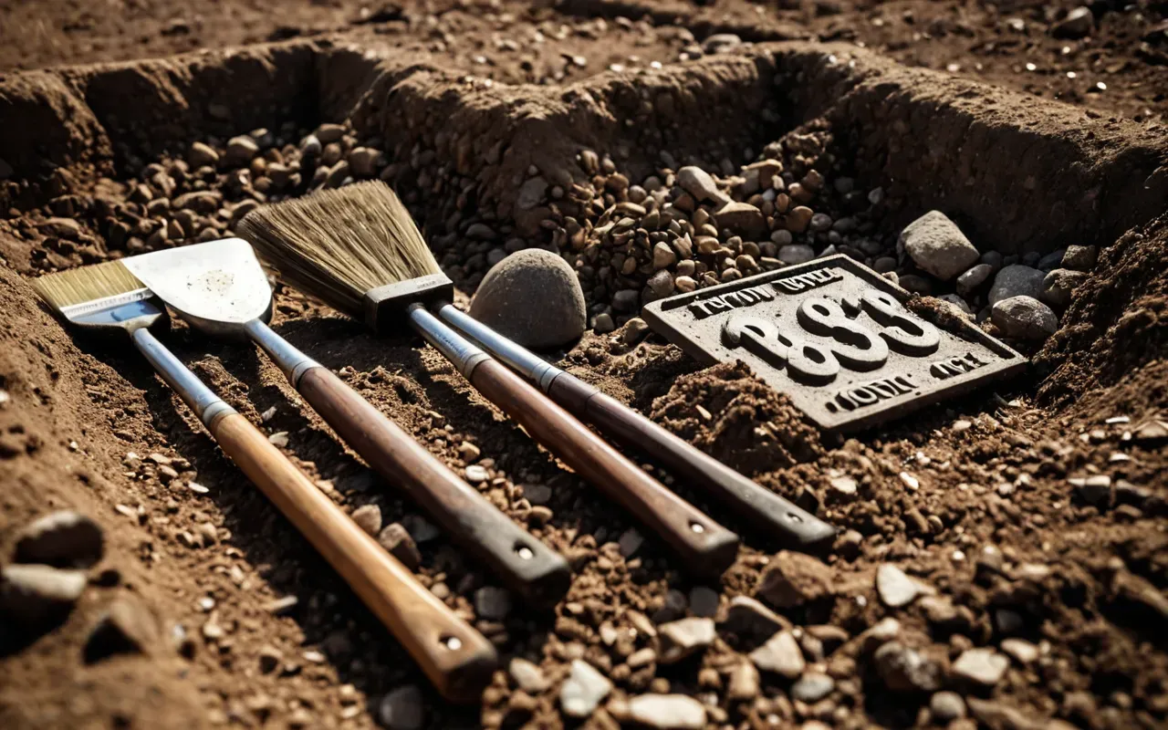 Close-up of archaeological trowels and brushes resting on a patch of dry earth with small stone fragments, showing fine details of soil layers under natural daylight.