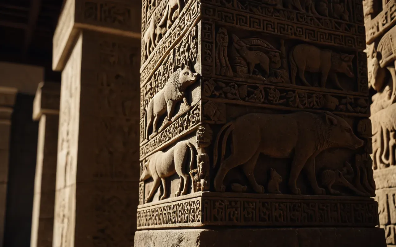 prehistoric carvings Close up of carved stone reliefs depicting wild animals like boars and foxes on a monolithic pillar, dramatic side lighting highlighting the chisel marks, museum display context