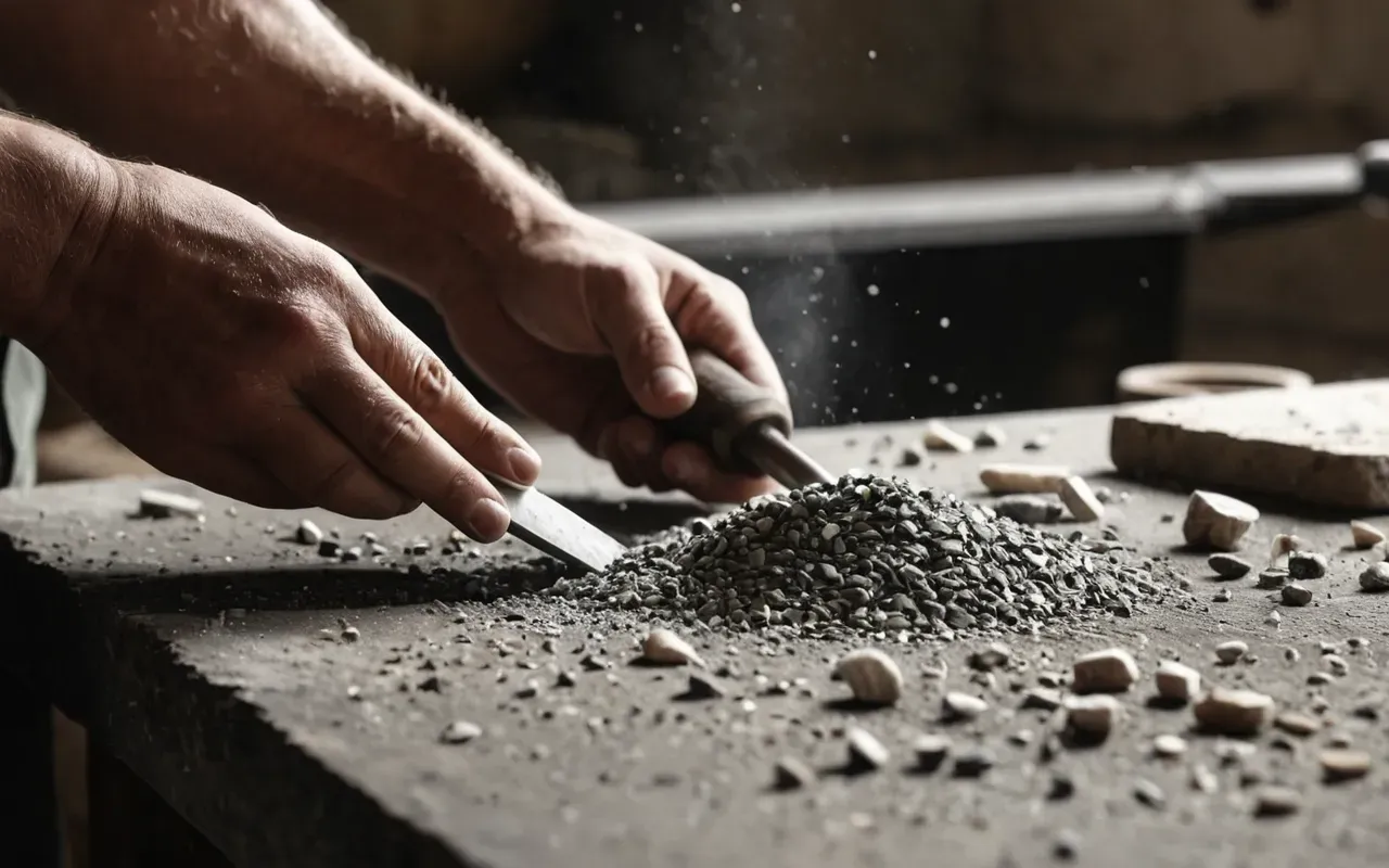 Close up of hands chipping a piece of flint stone with another sharp tool. Dust particles float in the air near the work surface.