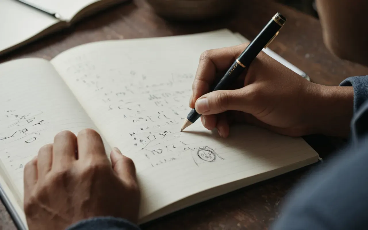 Close-up of hands holding a small stone tool over an open notebook with pencil sketches in soft indoor light.