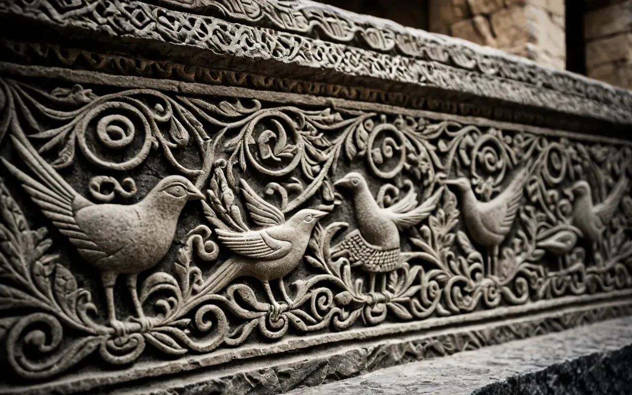 ancient reliefs Close up of intricate stone carvings depicting birds and abstract human figures on a rough limestone surface with dramatic lighting.