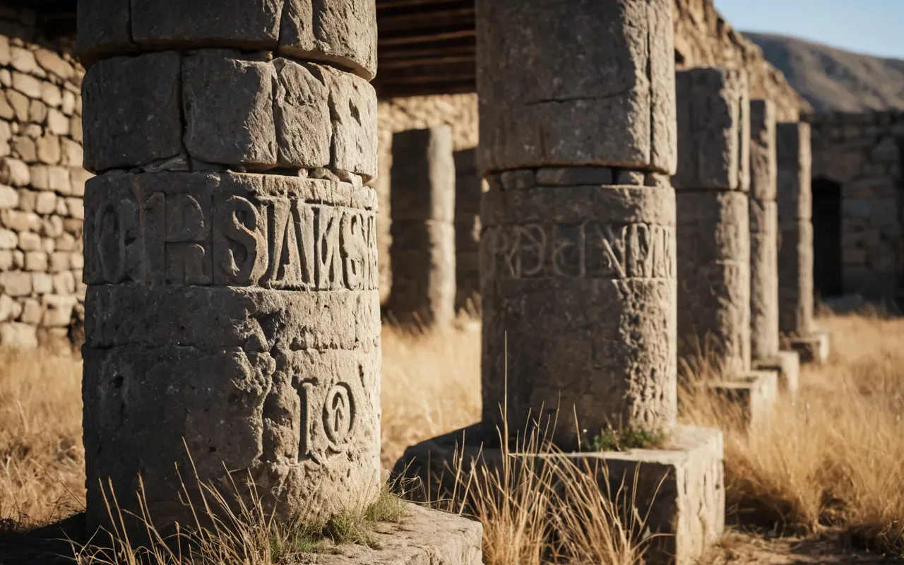 Close-up of large rough-hewn stone pillars standing in a circle under natural daylight with soft shadows and dry grass around the base