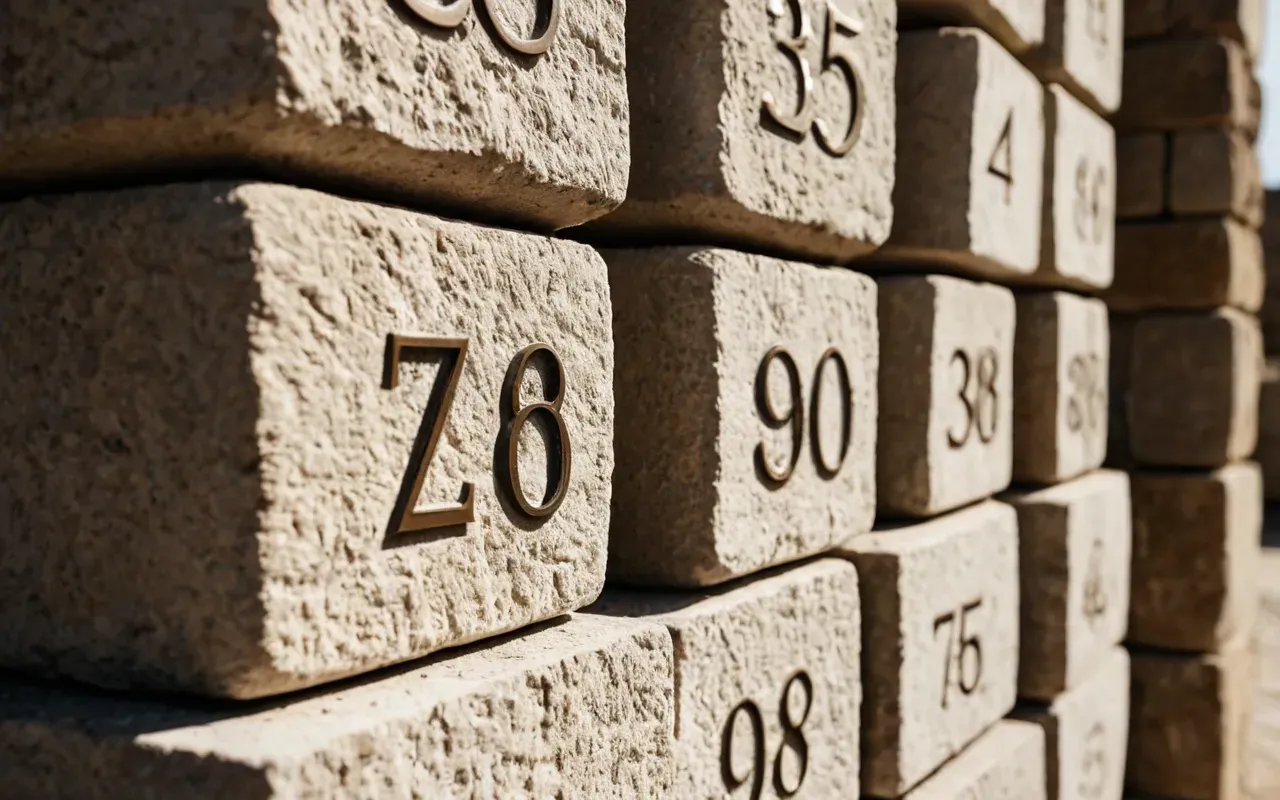 Close-up of rough-hewn limestone blocks with visible chisel marks, soft natural side lighting, shallow depth of field, neutral earth tones, texture focus