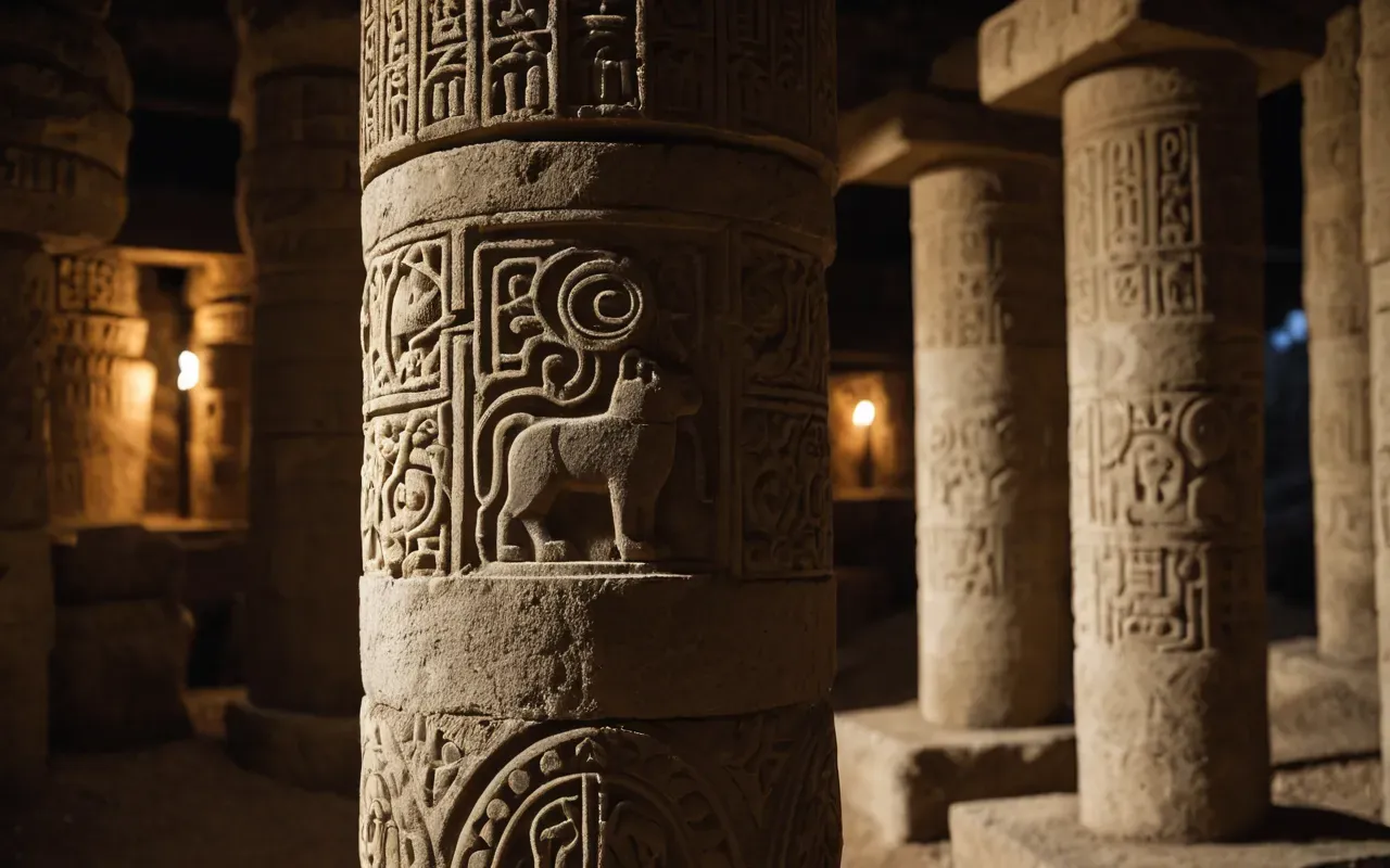 Close-up of rough limestone pillars with carved animal motifs standing in a dimly lit excavation site, warm directional lighting highlighting texture and depth