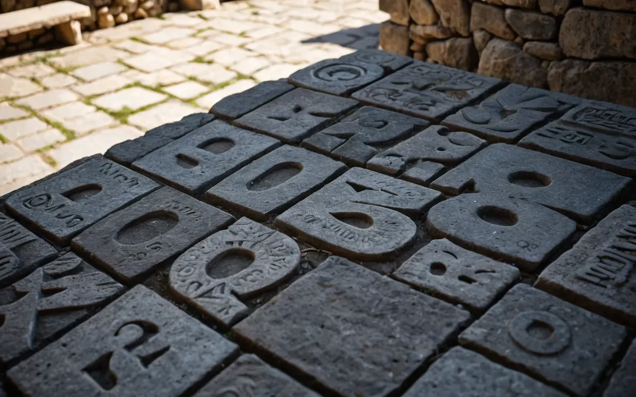 Close-up photo-realistic shot of a weathered stone surface with carved animal shapes and soft shadows from overhead sunlight in an outdoor setting without any human presence.