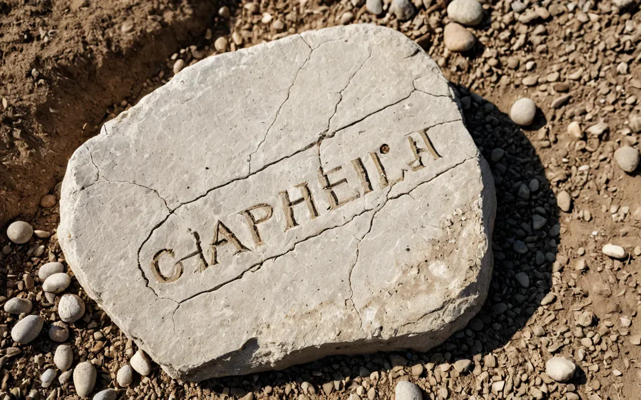 Close-up photograph of a chipped limestone slab with visible tool marks and an unfinished animal carving resting on dry earth in bright daylight, shallow depth of field.