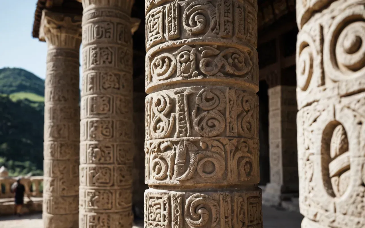 carved limestone pillar detail Close-up view of weathered limestone pillars with carved animal shapes and intricate stone details under bright natural daylight, shallow depth of field