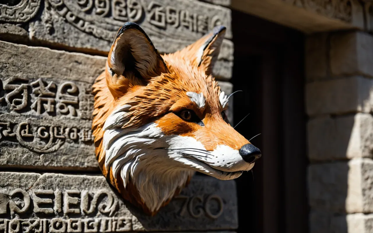 Detailed close-up of a carved fox head on rough limestone with sharp shadows highlighting the texture and depth of the ancient stone carving work