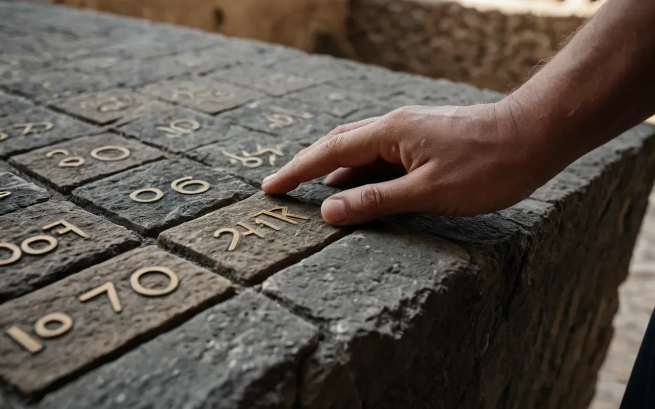 Dramatic close up of a human hand touching rough ancient stone surface with shallow depth of field and warm natural light
