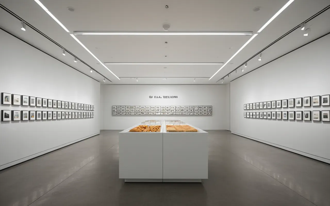 Editorial photograph of a modern museum interior with clean white walls and minimal display cases, soft overhead lighting creating gentle shadows, neutral color palette