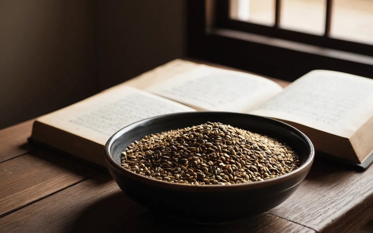 Editorial still life of a ceramic bowl filled with wild grains and seeds placed next to an open book on a wooden table with warm natural light