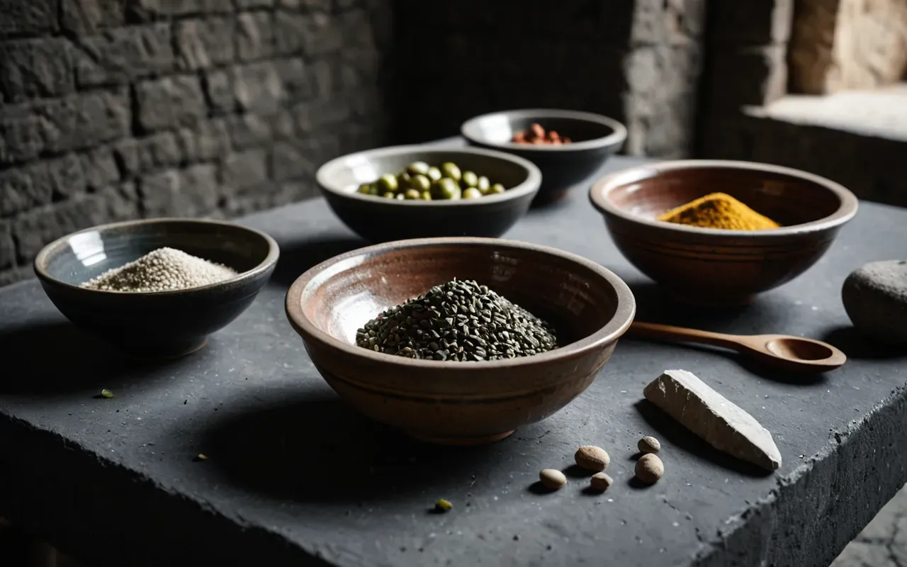 ancient artifacts Editorial still life of ancient ceramic bowls and stone tools arranged on a dark concrete surface with soft diffused lighting.
